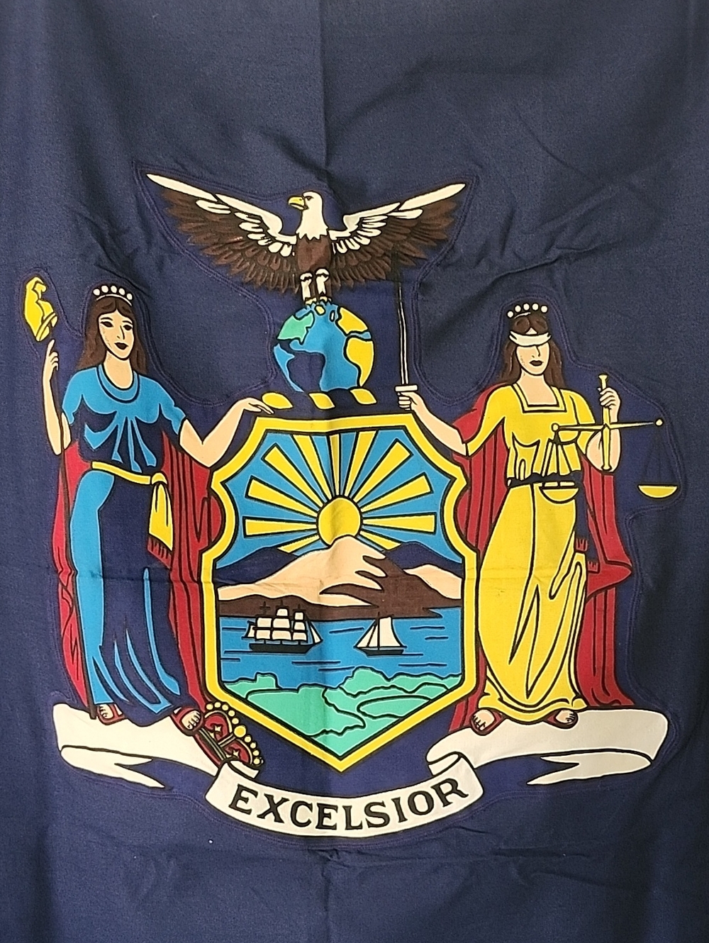 Vintage New York State Flag Cotton Textile By Storm King Central Coat of Arms